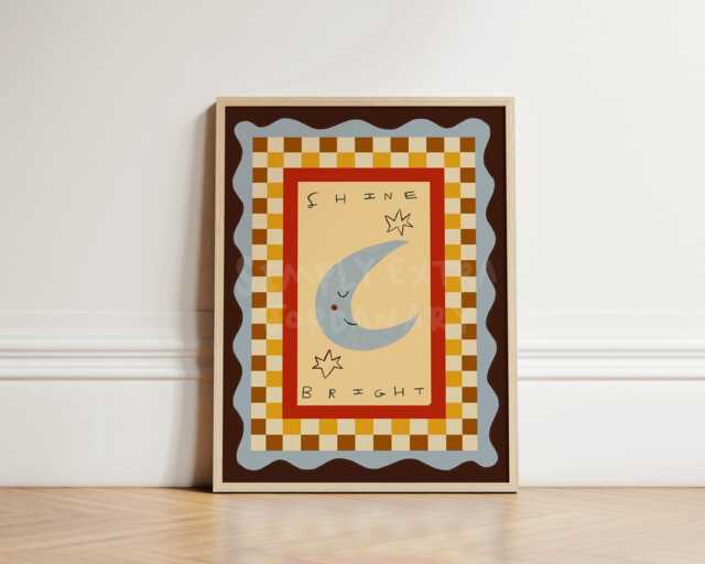 Shine Bright Moon Nursery Wall Art, Whimsical Kids Room Decor Print, Celestial Baby Gender Neutral Nursery, Bedroom, Unframed - image 1