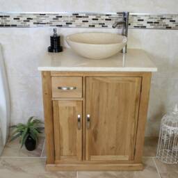 Solid Oak Bathroom Vanity - Cream Marble Top & Basin Set - thumbnail 2