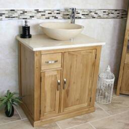 Solid Oak Bathroom Vanity - Cream Marble Top & Basin Set