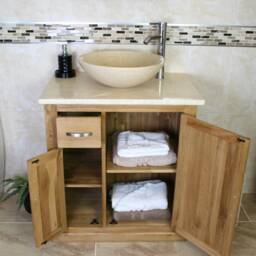 Solid Oak Bathroom Vanity - Cream Marble Top & Basin Set - thumbnail 3