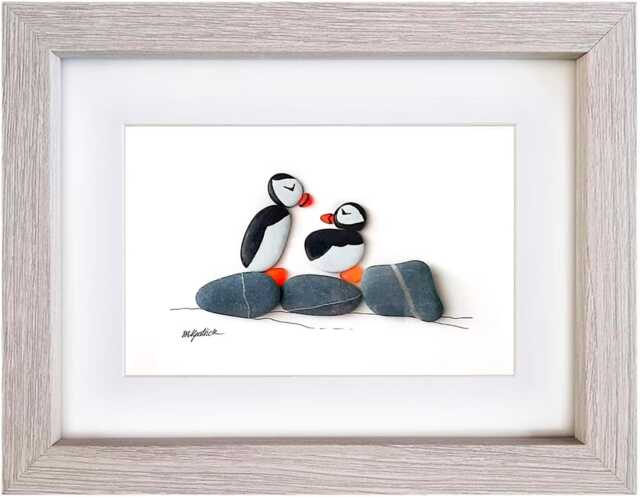 Sea Glass Puffin Picture Framed Handmade Pebble Bird Art Wall Hanging Decor - image 1