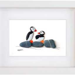 Sea Glass Puffin Picture Framed Handmade Pebble Bird Art Wall Hanging Decor - thumbnail 3