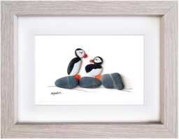 Sea Glass Puffin Picture Framed Handmade Pebble Bird Art Wall Hanging Decor - thumbnail 1