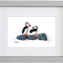 Sea Glass Puffin Picture Framed Handmade Pebble Bird Art Wall Hanging Decor - thumbnail 2