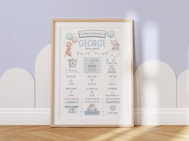 Personalised Day You Were Born Safari Print With Birth Details - Perfect New Baby Girl Or Boy Gift Christening 1st Birthday Keepsake - image 1
