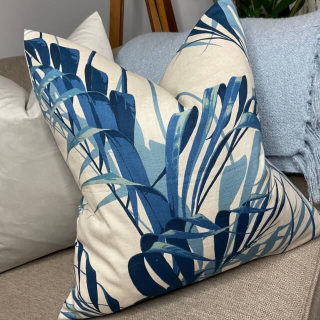 Handmade Cushion Cover, Sanderson Palm House Fabric, Blue Eucalyptus Leaf Print, Modern Sofa Bed Accent Homeware - image 1