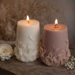 Embossed Flower Pillar Candle - Wedding Decor Candles Handmade Soy Wax -Home Favour - thumbnail 1
