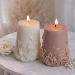 Embossed Flower Pillar Candle - Wedding Decor Candles Handmade Soy Wax -Home Favour - thumbnail 2