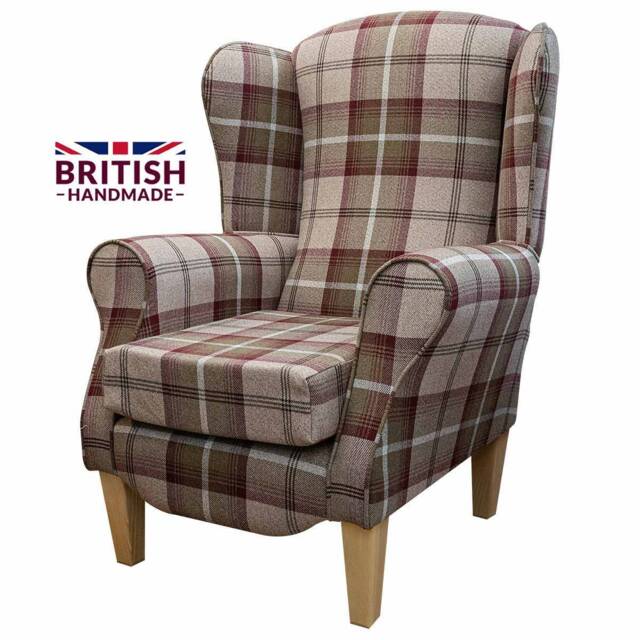 Handmade Tartan Wingback Armchair Balmoral Mulberry Fabric - image 1