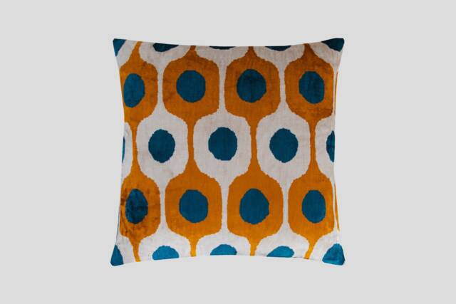 Silk Velvet Ikat Pillow Cover - Blue Mustard Covers - image 1