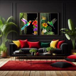 Set Of 2 Tropical Hummingbird Prints On A Black Background - Maximalist Wall Art, Vibrant Jungle Bird Decor - thumbnail 1