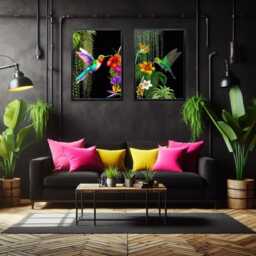 Set Of 2 Tropical Hummingbird Prints On A Black Background - Maximalist Wall Art, Vibrant Jungle Bird Decor - thumbnail 3