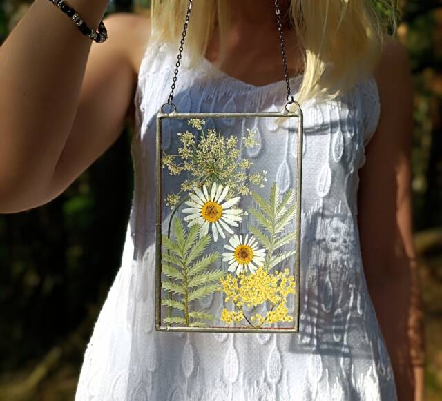 Dried Flower Bouquet in Handmade Stained Glass Frame, Suncatcher With Pressed Flowers - image 1