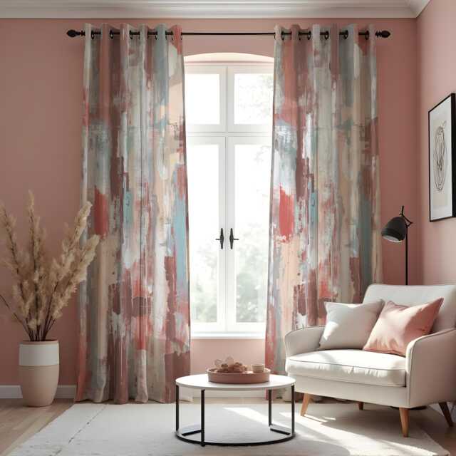 Abstract Blush Pink Curtains, Modern Brushstroke Pattern Drapes, Contemporary Artistic Window Panels, Made To Measure Living Room Decor - image 1