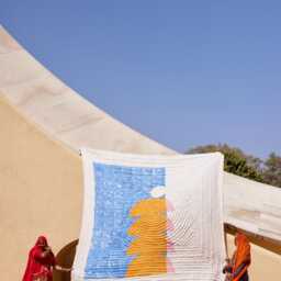 Reversible Kantha Quilt Twin - Hand Block Printed Cotton - Pink Blue Mustard Geometric - thumbnail 2