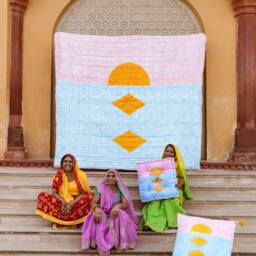 Reversible Kantha Quilt Twin - Hand Block Printed Cotton - Pink Blue Mustard Geometric - thumbnail 4