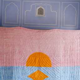 Reversible Kantha Quilt Twin - Hand Block Printed Cotton - Pink Blue Mustard Geometric - thumbnail 3