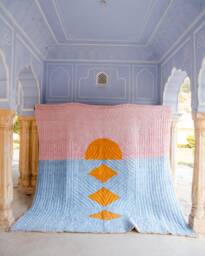Reversible Kantha Quilt Twin - Hand Block Printed Cotton - Pink Blue Mustard Geometric - thumbnail 1