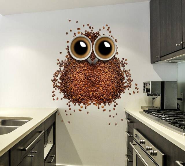 Owl Kitchen Decor Coffee Wall Decal Ornament Art Print Beans Design