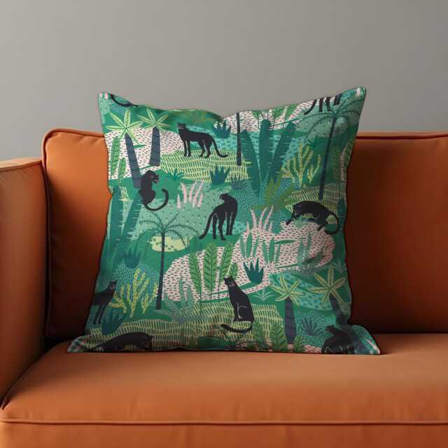 Jungle Panther Cushion Cover, Green Tropical Safari Pillow Exotic Animal Print Throw Pillowcase, Boho Home Decor - image 1