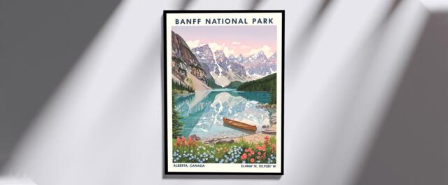 Banff National Park Gouache Art Print Pink, Teal Landscape Poster - image 1