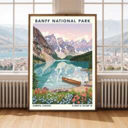 Banff National Park Gouache Art Print Pink, Teal Landscape Poster - thumbnail 2
