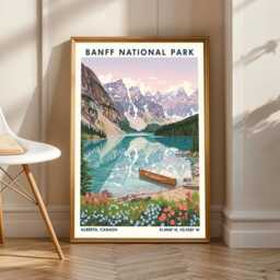 Banff National Park Gouache Art Print Pink, Teal Landscape Poster - thumbnail 3