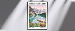 Banff National Park Gouache Art Print Pink, Teal Landscape Poster - thumbnail 1
