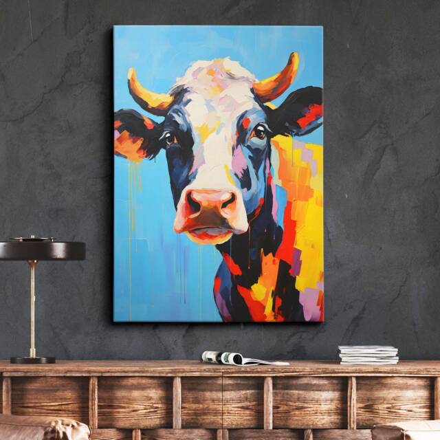 Colorful Cow Animal Abstract Oil Painting Splatter Style Wall Art, Framed Canvas Poster Print, Home Kitchen Office Room Decor, Gifts - image 1