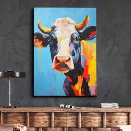 Colorful Cow Animal Abstract Oil Painting Splatter Style Wall Art, Framed Canvas Poster Print, Home Kitchen Office Room Decor, Gifts - thumbnail 1
