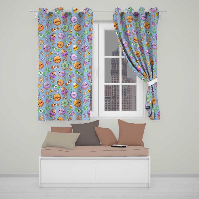 Cute Halloween Donuts Candy Eyeball Ice Cream Seamless Pattern Blue Background Readymade Eyelet Ring Top Thermal 100% Blackout Curtains - image 1