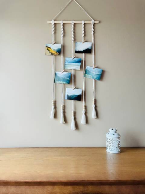 Natural Macrame Photo Holder - Display Wall Hanging Organiser Boho Tassels Picture Hanger Various Colours - image 1