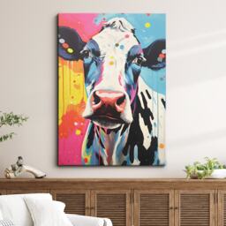Colorful Cow Animal Abstract Oil Painting Splatter Style Wall Art, Framed Canvas Poster Print, Home Kitchen Office Room Decor, Gifts - thumbnail 1