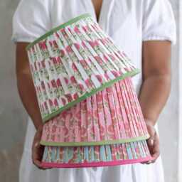 Teal Blue Lampshade Only, Pleated Cotton Floral Print Lamp Shade With Pink Trim - Easy Fit Table 40cm - thumbnail 4