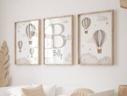 Baby Nursery Air Balloon Cloud Prints - A4 Or A3 Size Stars Boy Girl Wall Art Unisex Neutral Beige Natural Green Blue Pink Boho - thumbnail 1