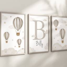 Baby Nursery Air Balloon Cloud Prints - A4 Or A3 Size Stars Boy Girl Wall Art Unisex Neutral Beige Natural Green Blue Pink Boho - thumbnail 2