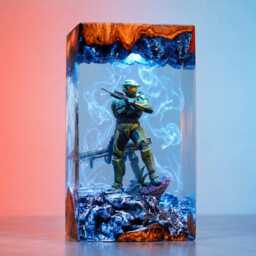 Ha.-0 Mas.ter Ch-Ef Resin Art Lamp, Epic Gaming Diorama, Custom Epoxy Led Desk Decor, Unique Video Game Collectible, Sci-Fi Fan Gift - thumbnail 2