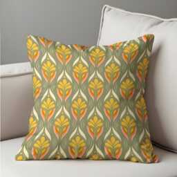 Retro Floral Cushion Cover, Olive & Mustard Art Nouveau Pillow Farmhouse Style Home Decor, Mid Century Modern Throw Case - thumbnail 4