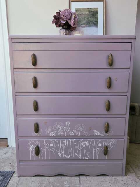 Hand Painted Harris Lebus Chest Of Drawers Floral Stencil, Dusted Heather - image 1
