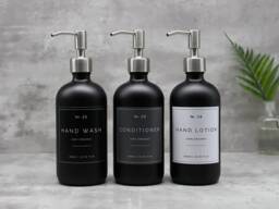 Matte Black Glass Dispenser Bottle Refillable With Silver Metal Pump & Waterproof Label, 500Ml - thumbnail 1