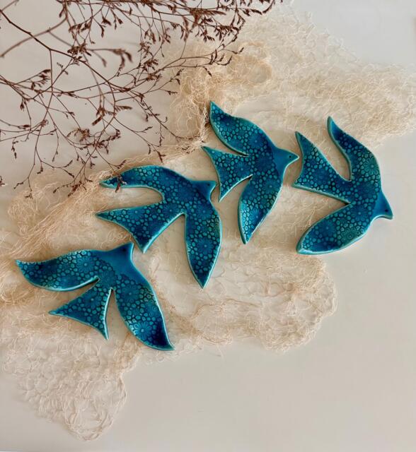 Turquoise Pottery Bird Wall Decor With Texture, Flying Swallows Sets For Room & Garden Decoration, Blue Art Ceramic, Swallow - image 1