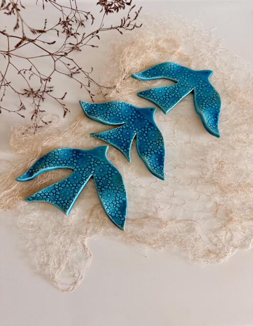 Turquoise Pottery Bird Wall Decor With Texture, Flying Swallows Sets For Room & Garden Decoration, Blue Art Ceramic, Swallow - image 1