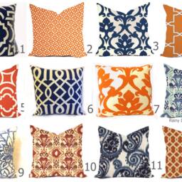 Ikat Geometric Pillow Cover - Navy, Blue, Orange, Custom Size Outdoor Rated - thumbnail 2