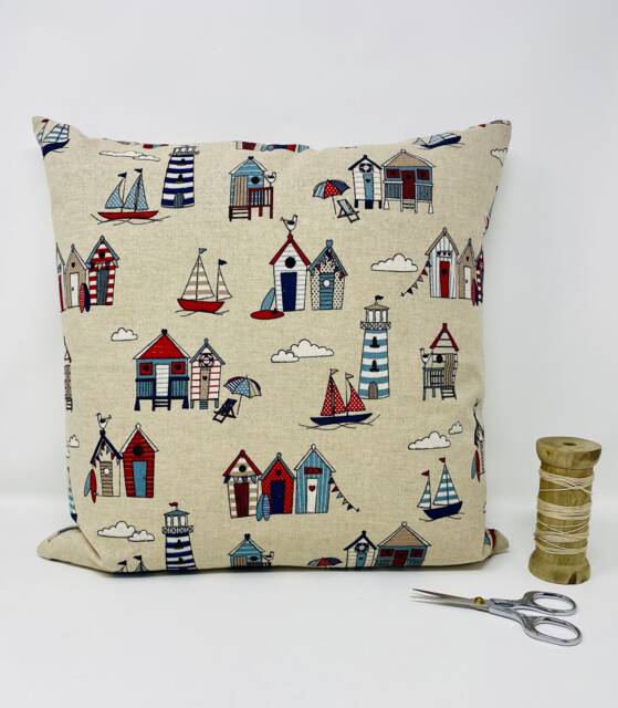 Seaside Cushion Cover, Double Sided Beach Hut Cushion, Light House Pillow, Beige, Blue Red Linen Fabric, Sailing Nautical - image 1
