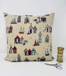Seaside Cushion Cover, Double Sided Beach Hut Cushion, Light House Pillow, Beige, Blue Red Linen Fabric, Sailing Nautical - thumbnail 1