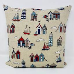 Seaside Cushion Cover, Double Sided Beach Hut Cushion, Light House Pillow, Beige, Blue Red Linen Fabric, Sailing Nautical - thumbnail 2