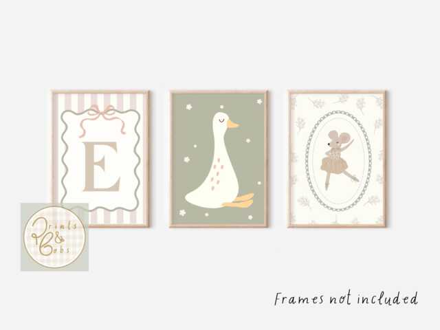 Set Of 3 Personalised Ballerina Mouse & Goose Vintage Style Wildflower Prints - Unframed - image 1