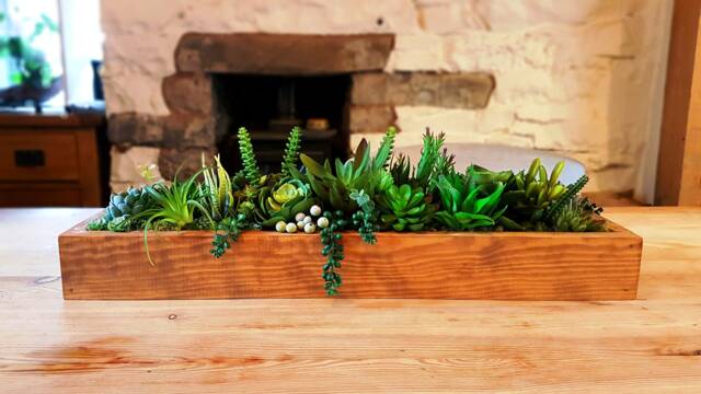 Faux Succulent Planter Artificial Foliage Wooden Centrepiece, Natural Modern Home Decor - image 1