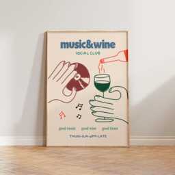 Kitchen Print, Music & Wine Illustration Wall Art, Poster, Print Decor, Hand Drawn Prints, Retro Social Club Poster - thumbnail 1