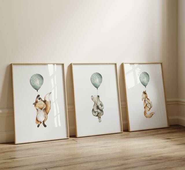 Nursery Wall Decor, Balloon Art, Nursery, Whimsical Animals, Baby Room Safari Animals Print, Playroom - image 1